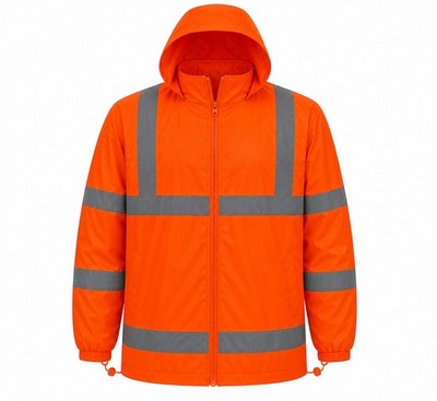 Orange ANSI Class 3 high-visibility reflective rain/safety jacket with hood.