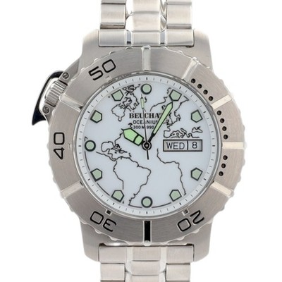 Beuchat Oceanium Mens Watch 300M White Diver World Map Dial Swiss Steel Day Date