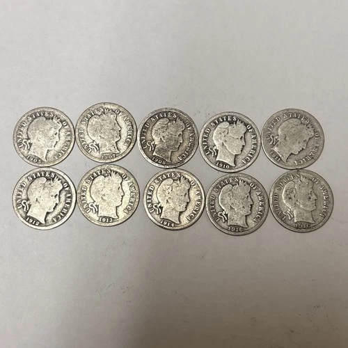Lot Of 10 Barber Dimes - Various Dates & Mints - 90% Silver Good quality #187