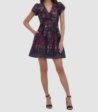 Vince Camuto Women's Red Metallic Jacquard V-Neck Puff Sleeve Dress Sz 8