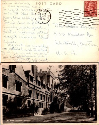 St Johns College Oxford Postcard 1952 Black White Photo Postmarked Handwritten