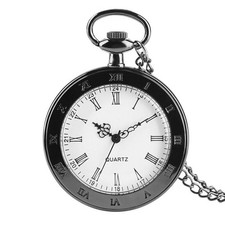 Quartz Black Tone Open Face Movment Pocket Watch Roman Numerals Display Classic