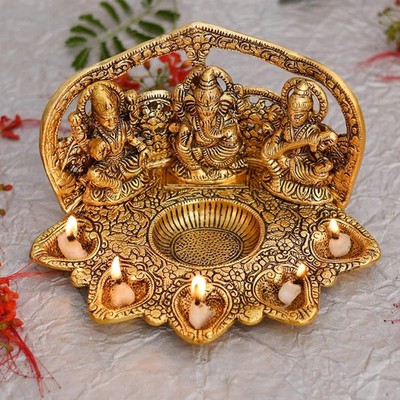 Adel Lakshmi Ganesh Saraswati Statue mit Diya Öl Deepak Metall Laxmi Ganesh