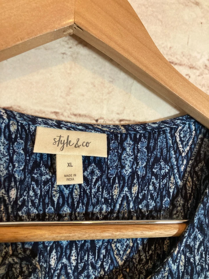 Style & Co. Vestido Campesino Mujer XL Azul Marino Ikat Babydoll Boho Hippie Fluido Foto 3 de 4