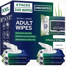 Adult Wipes For Elderly - 8"x13" 240ct 4 Packs of 60 Huge  Soft Body Wipes