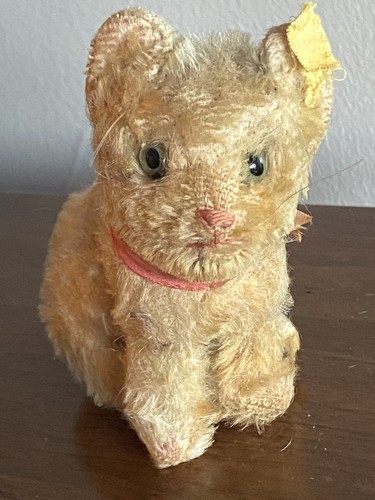 Early Steiff Mini Mohair Kitty Cat “Susi” Jtd Head W/ Button & Worn Yellow Flag