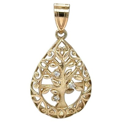 10K Yellow Gold 3 stone Diamond Tree of Life Tear Drop Pendant