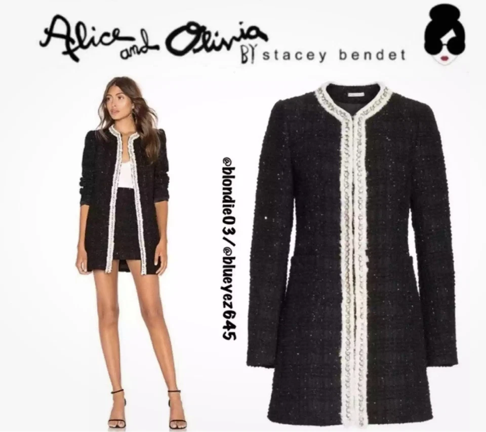 NWT Alice + Olivia Andreas Tweed Crystal Trim Midnight Jacket S Small New - Image 2 of 4
