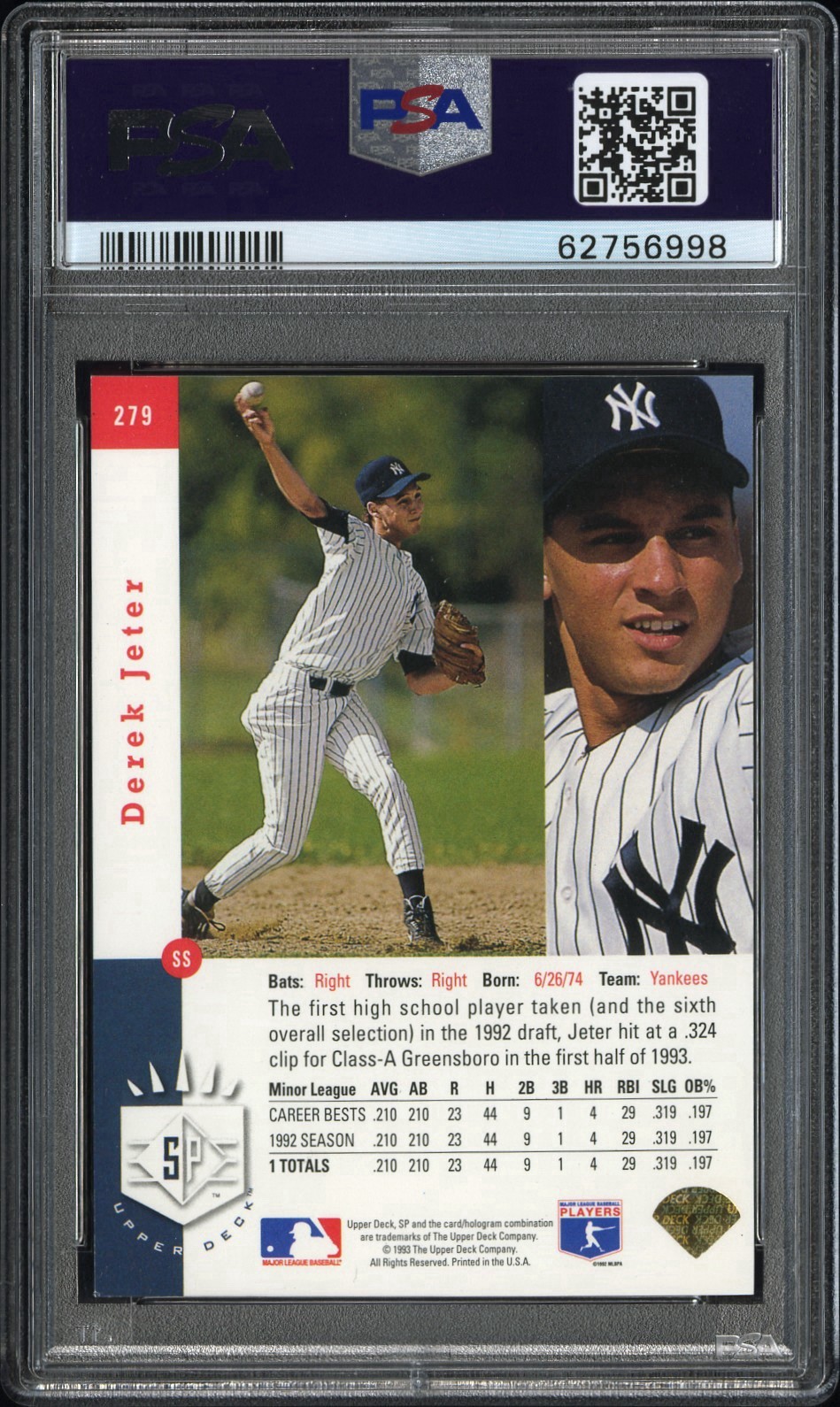 1993 Upper Deck SP Derek Jeter #279 (RC). PSA 6 view 2