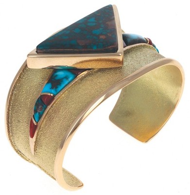 18K Gold High Grade Bisbee Turquoise & Aka Coral Bracelet By Robert W. Begay