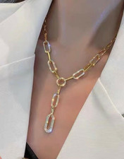 Womens Ladies Stainless Steel 18k Gold Plated Necklace Chunky Chain Drop Lariat