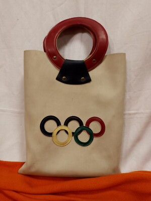 Leder Tragetasche Olympia Vintage Retro Ledergriff Ring Einkaufstasche 48cm