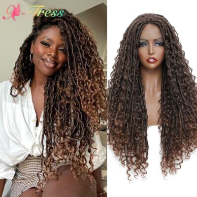 Ombre Brown Synthetic Lace Front Braided Wigs With Curly Ends Middle Part