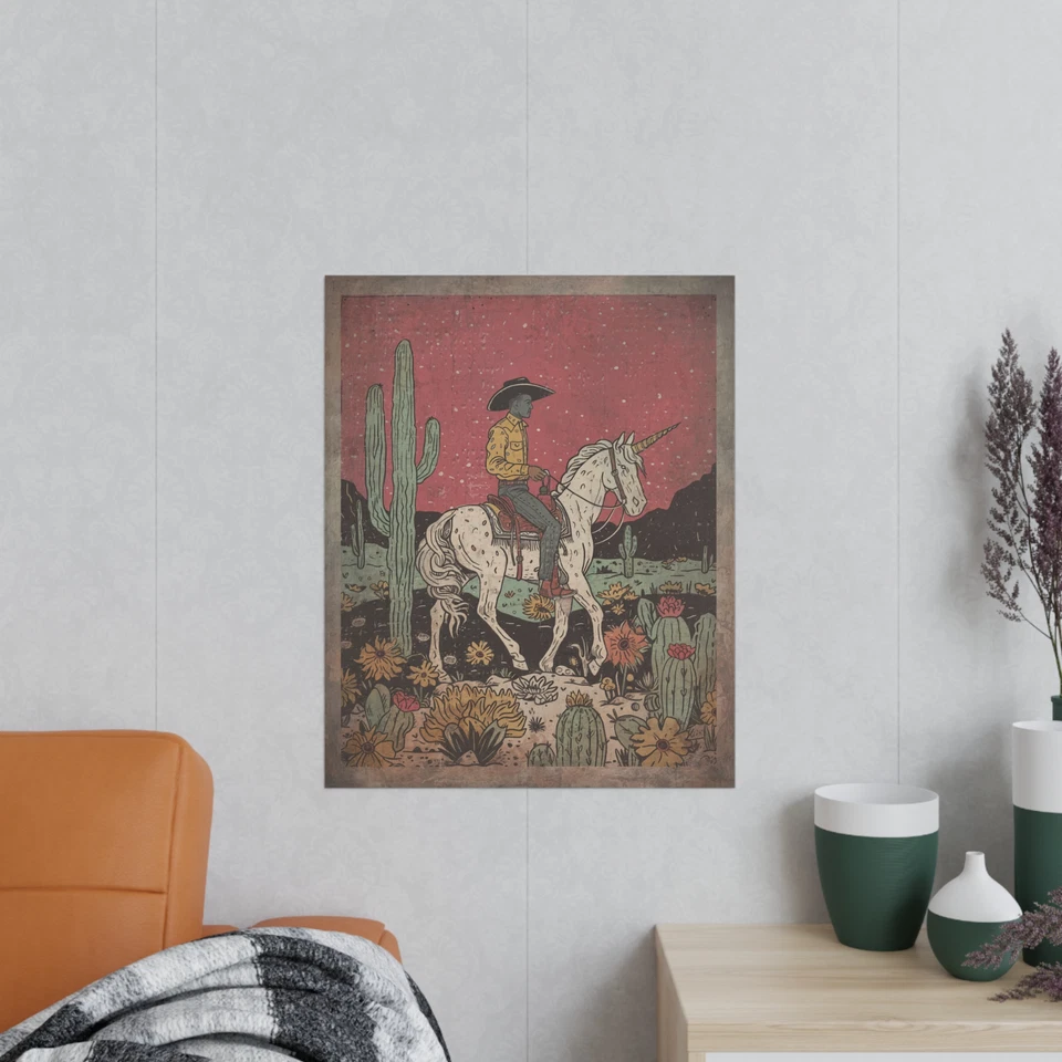 UNICORN COWBOY Wall Art, Retro Western Desert Flower Poster, Fantasy Horse Decor - Image 4 of 4