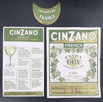 3 VTG Cinzano French Extra Dry Vermouth CDC Green Label France Cocktail Recipes