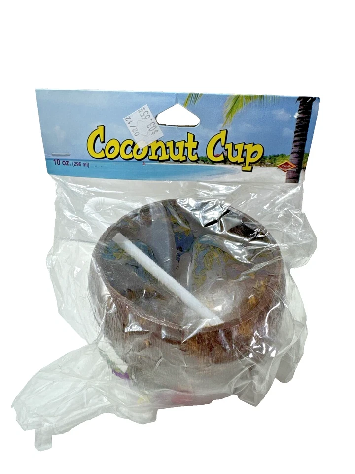 NOVO ESTOQUE ANTIGO 4X Copo de Coco 10 oz com Flor/Palha Luau Fornecimento de Festa e Decoração - Imagem 3 de 4