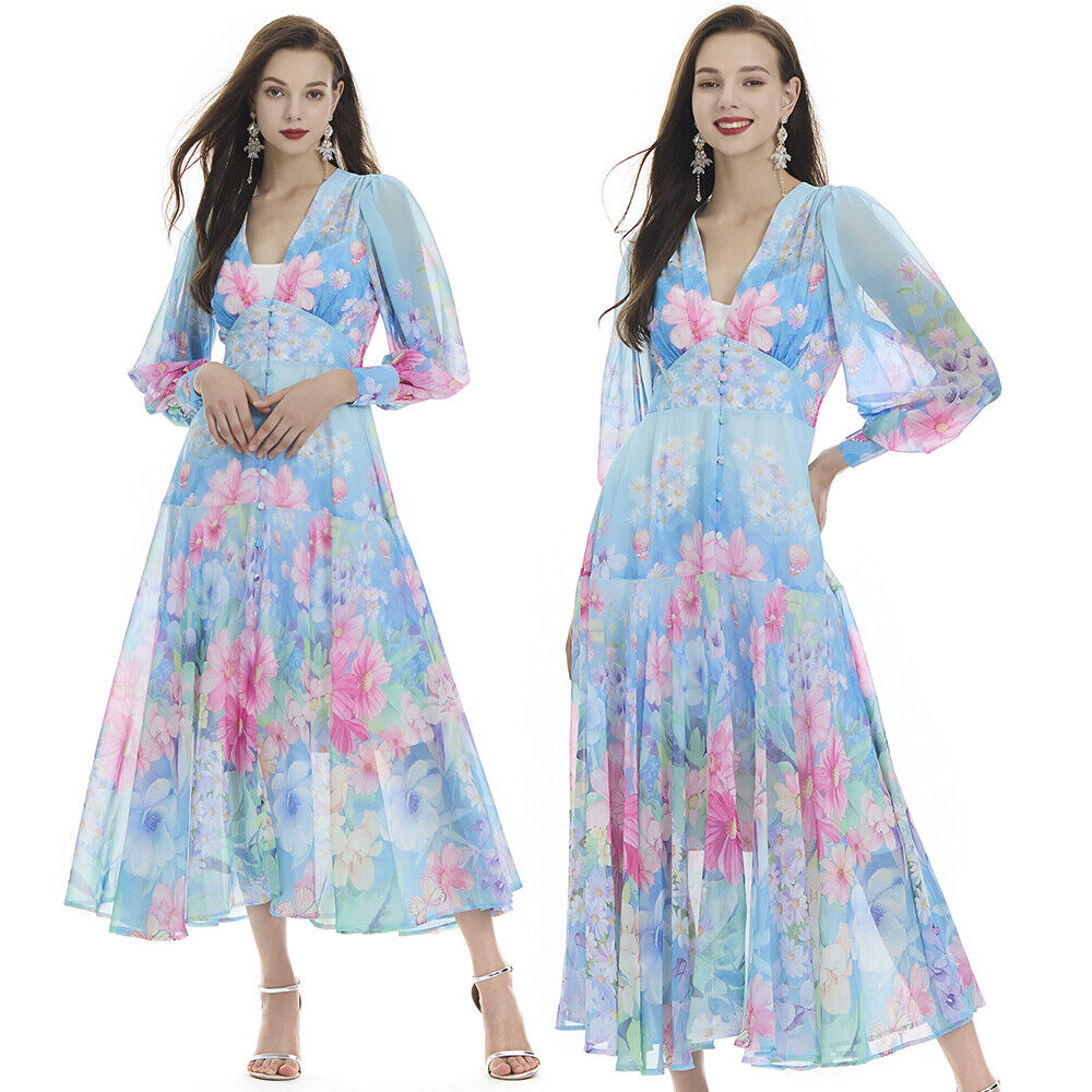 Chiffon floral print v neck long sleeve women casual party beach shirt dresses