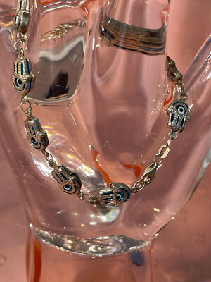 EVIL EYE HAMSA HAND STERLING SILVER BRACELET 7''