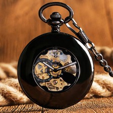 Retro Black Smooth Case Roman Numerals Self Wind Mechanical Pocket Watch Chain