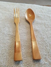 Wooden Salad Server Set 9" Long Kitchen Utensil Skinny Spoon and Fork Style