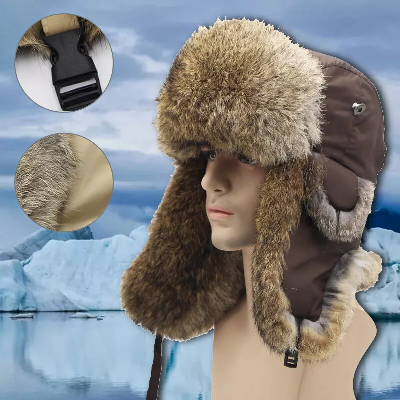 Mens Rabbit Fur Ushanka Trapper Hat Russian Thicken Earflap Snow Cap Outdoor