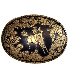 VTG Western Cowboy Rodeo Belt Buckle Gold-Tone Brass, Horse Rider Scene