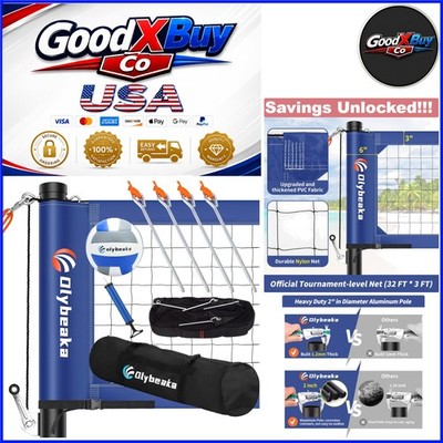 Portable Volleyball Net Set System Outdoor Heavy Duty Aluminum Poles 32ft Blue