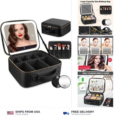 Travel Makeup Bag with Mirror of LED Lighted, Makeup Train Case with Adjustab...