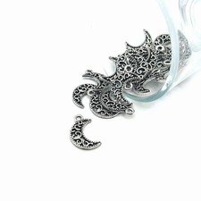 4, 20 or 50 Pieces: Silver Filigree Crescent Moon Charms - Double - US Seller