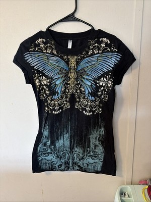 Y2K Butterfly Graphic V Neck T Shirt Women Gothic Streetwear Top