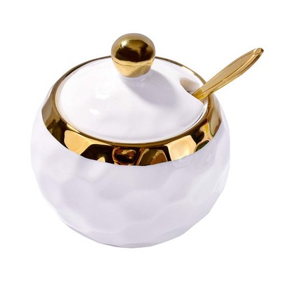 White Ceramic Sugar Bowl with Lid and Spoon, 8.5oz Modern Hammered Texture Se...