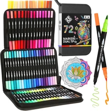 72 Dual Tip Markers Set with Case – No-Bleed Coloring Markers for Adults - Ar...