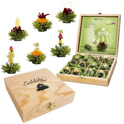 Creano Teeblumen Geschenkset in Teekiste aus Holz, 12 Erblühtee grüner Tee