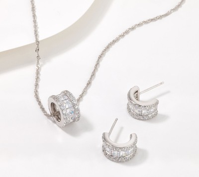 Diamonique Sterlingsilber Huggie Creolen & Fass Halskette Set, 18''