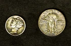 1919 Mercury dime & 1926 Standing Liberty quarter dollar pair in .900 silver