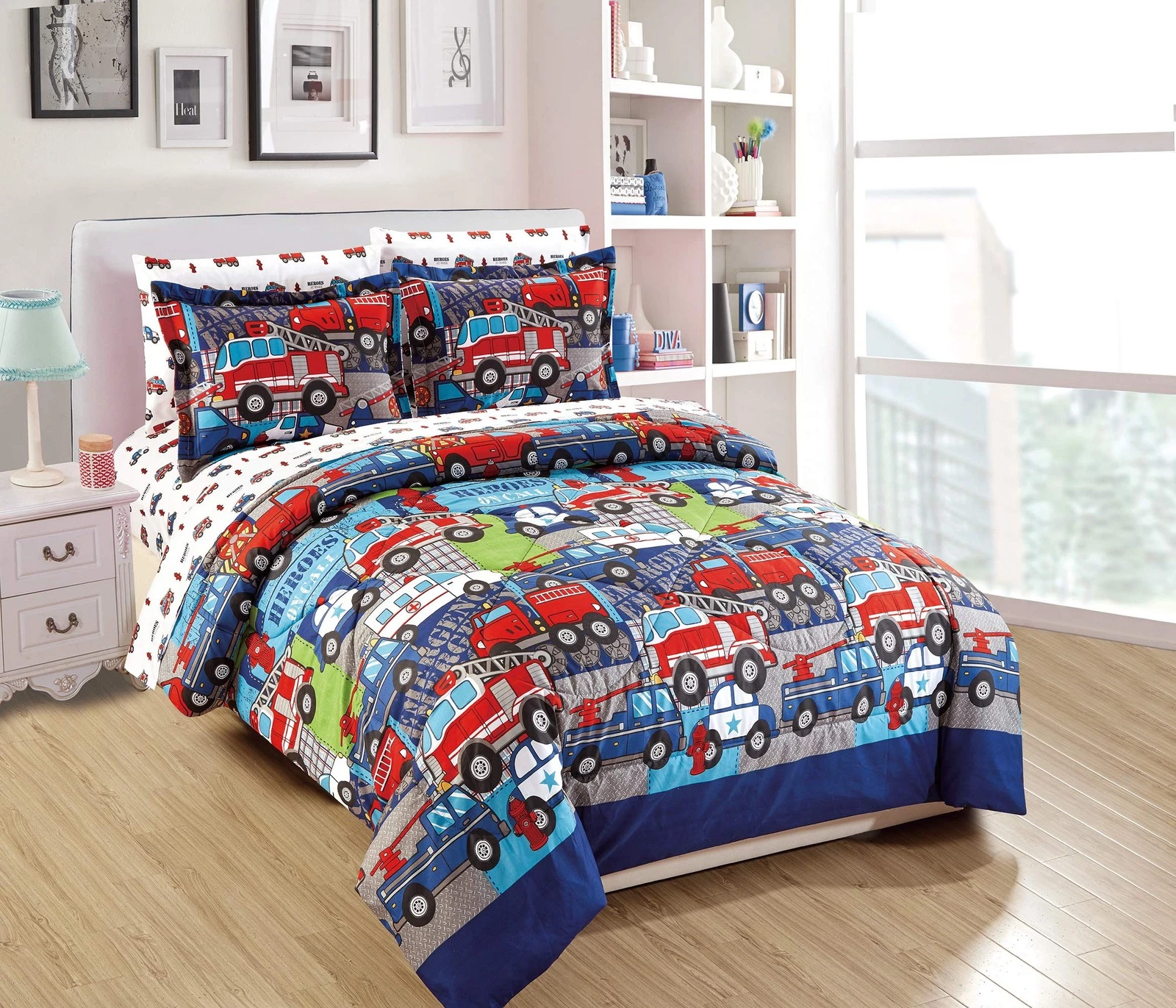Comforter Set for Kids Heroes Fire Full, Blue,navy,white,green,grey,red