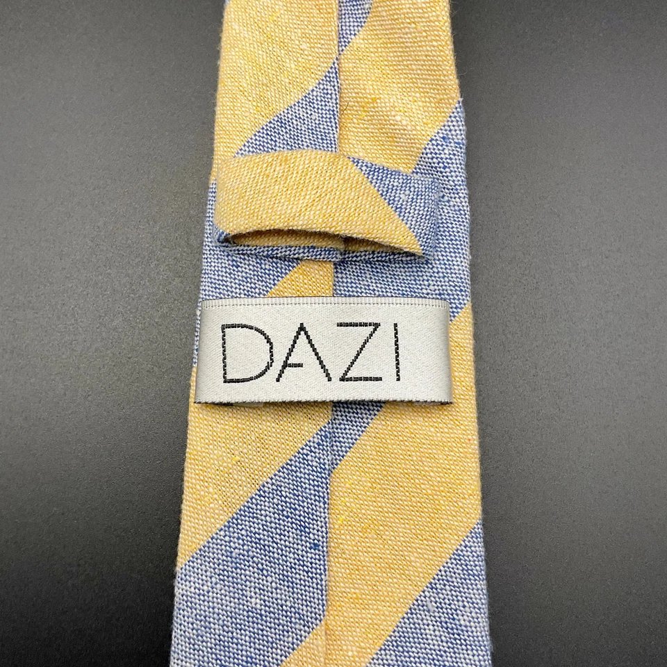 DAZI Necktie Mens One Size Yellow Blue Wide Stripe Linen Cotton Blend Tie Modern - Image 2 of 3