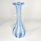 Vintage Murano Glass Zanfirico Latticino Blue White Ribboned Vase With Handles