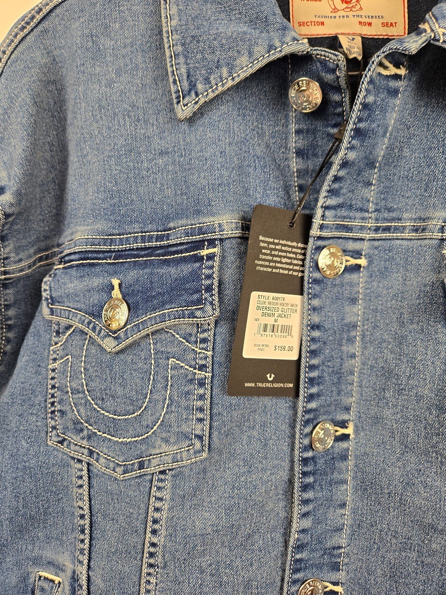 NWT True Religion Oversized Glitter Blue Trucker Denim Jacket Size M Women's thumbnail 9
