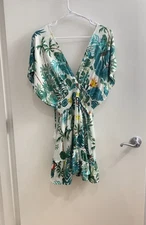 blue Island Green Tropical Print VNeck Mini Sundress Swim Cover Up Summer Beach