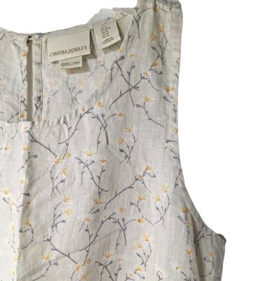 Cynthia Rowley 100% Linen Dress M Ivory Floral Shift Sundress Summer Sleeveless 