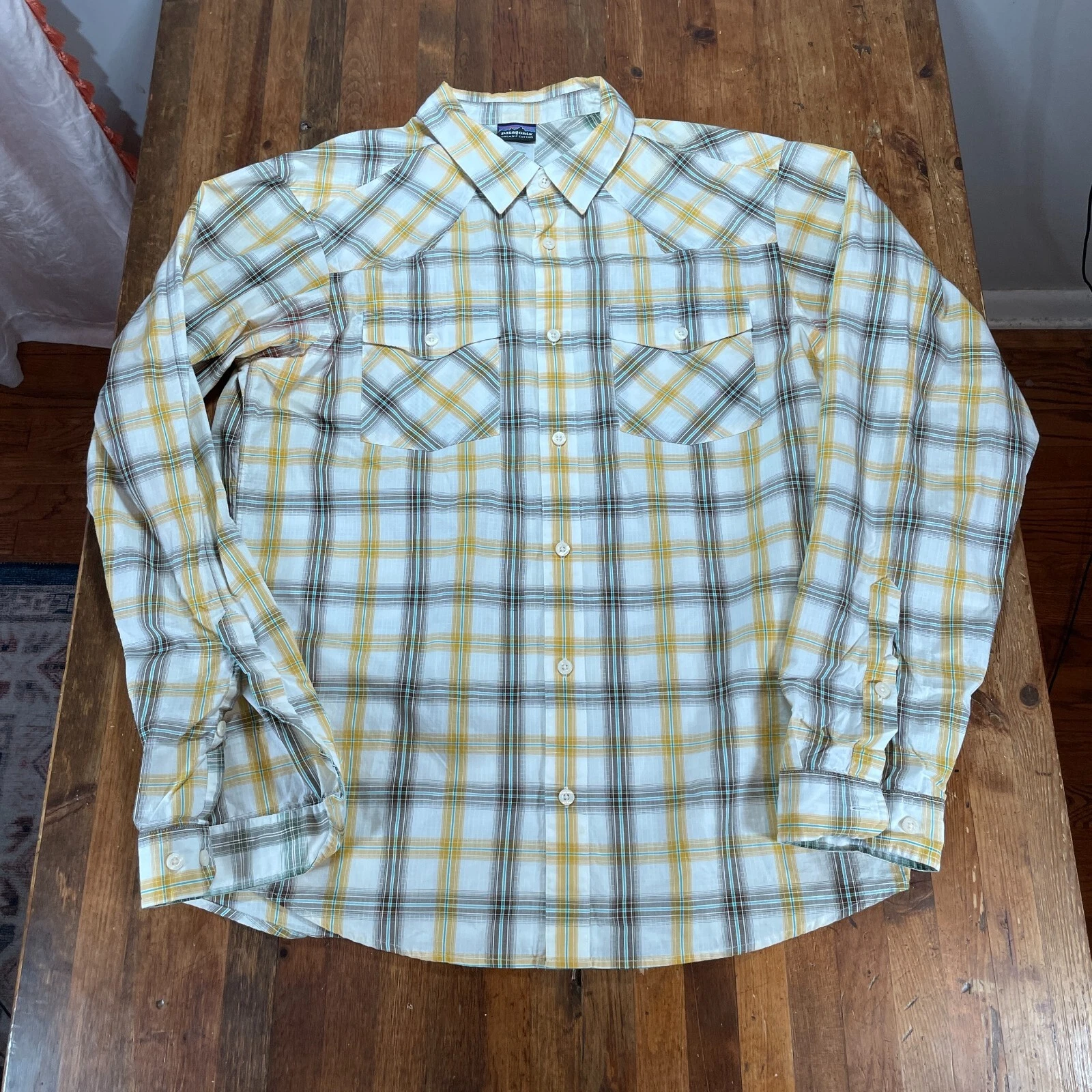 Patagonia Shirt Mens Medium Yellow Plaid Button Up Organic Cotton Outdoors