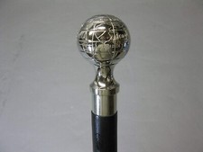 Vintage Antique Brass Globe Designer Head Handle Black Wooden Walking Stick Cane