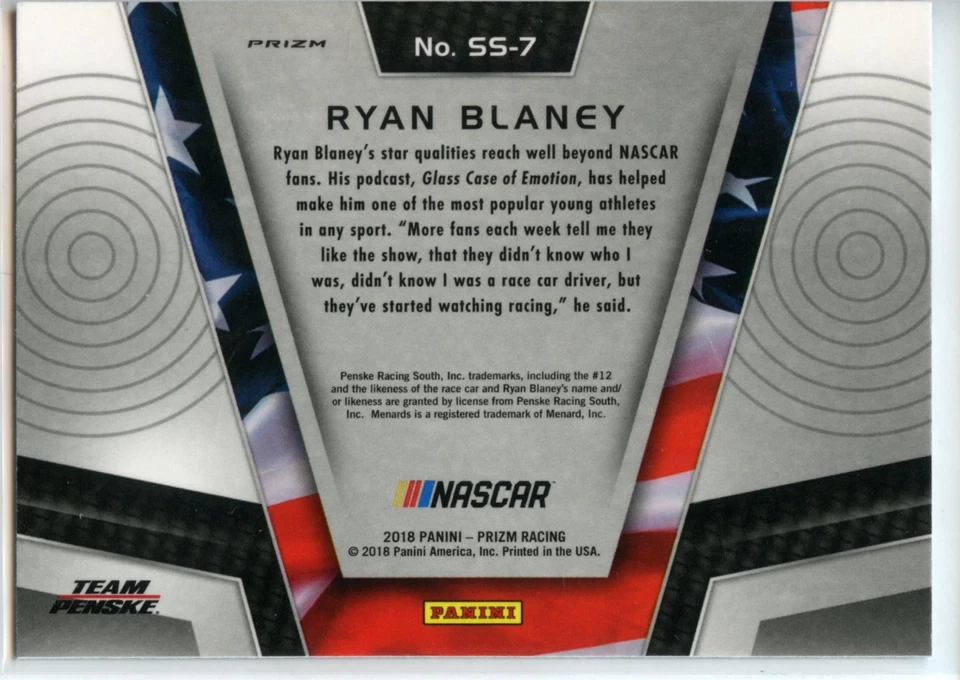 2018 Panini Prizm Racing NASCAR Stars and Stripes HOLO SILVER #SS-7 Ryan Blaney - Image 2 of 2