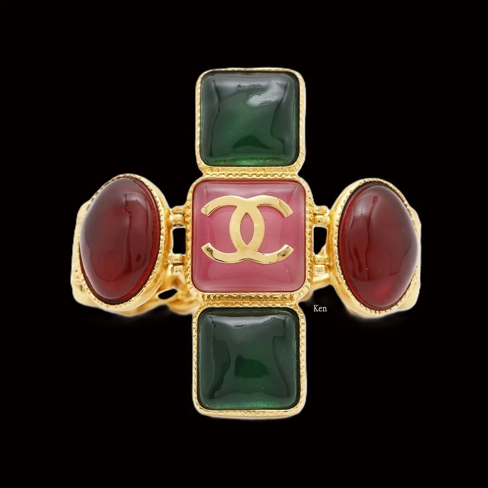 CHANEL Bracciale Nastro Braccialetto AUTENTICO Ken Coco Mark Tono Oro Gripoix Croce GP F S