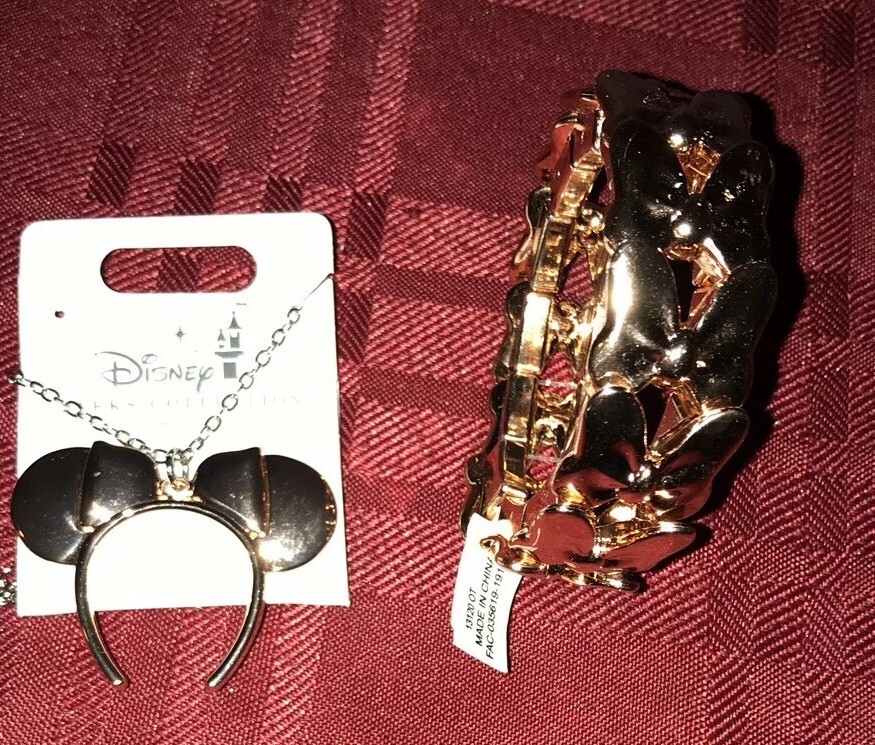 Disney Parks Minnie Ears Necklace Bow Fashion Bracelet Rose Gold New HTF