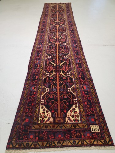 Antique Oriental Hand-Knotted Wool Runner Navy Blue/Red/Ivory/Blue 3'6" x 17'3"
