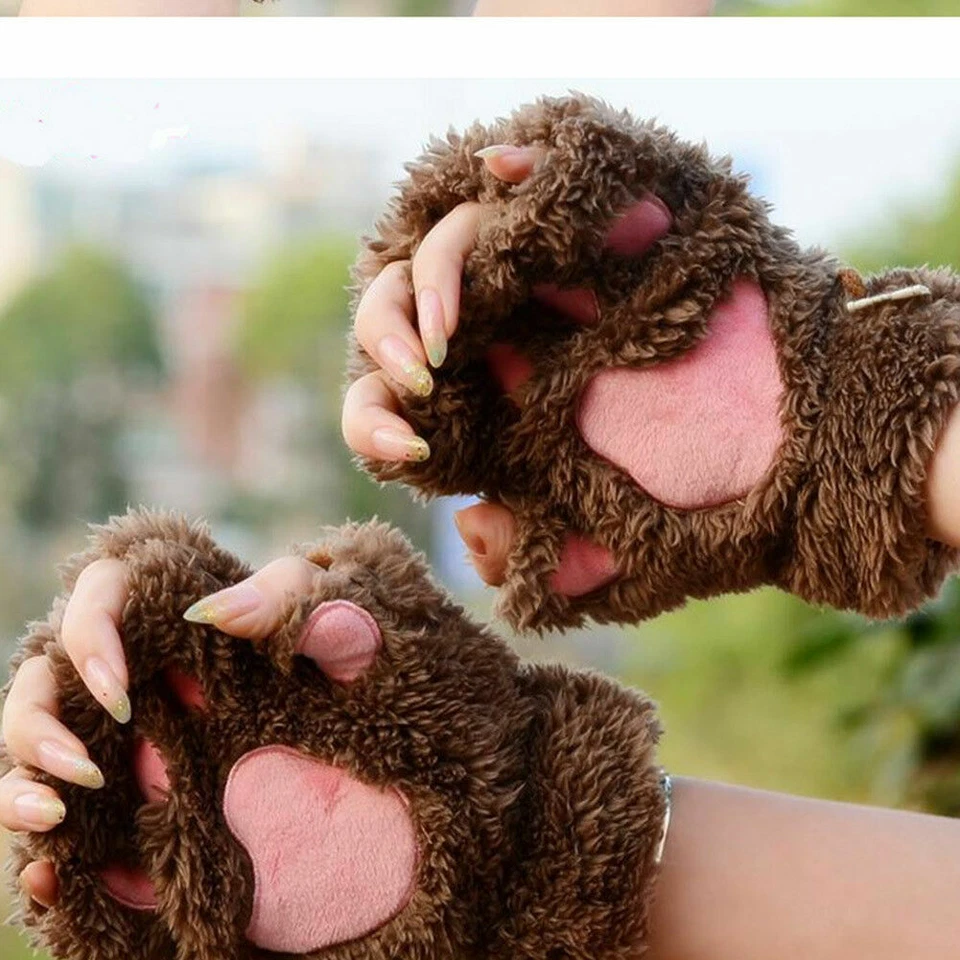 Mujeres Cosplay Garra de Gato Pata Guantes de Felpa Cortos Medio Sin Dedos Halloween Foto 4 de 4