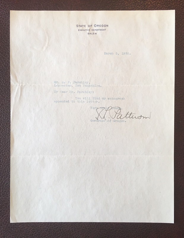 Typed Letter Signed “Ike” Patterson Governor of Oregon in 1928 - Rare autograph