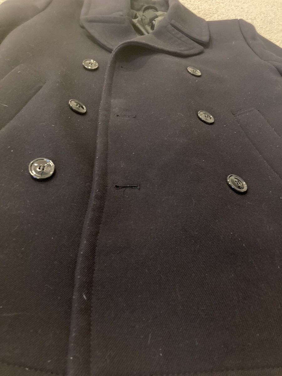 H&M men pea coat double breasted front welt pockets lined Dark